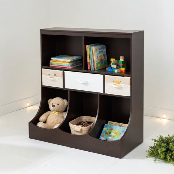 Resenkos Freestanding Combo Cubby Bin Storage Organizer Unit W/3 Baskets-Brown, Kids Toy Storage for Kids, Boys, Girls, Nursery