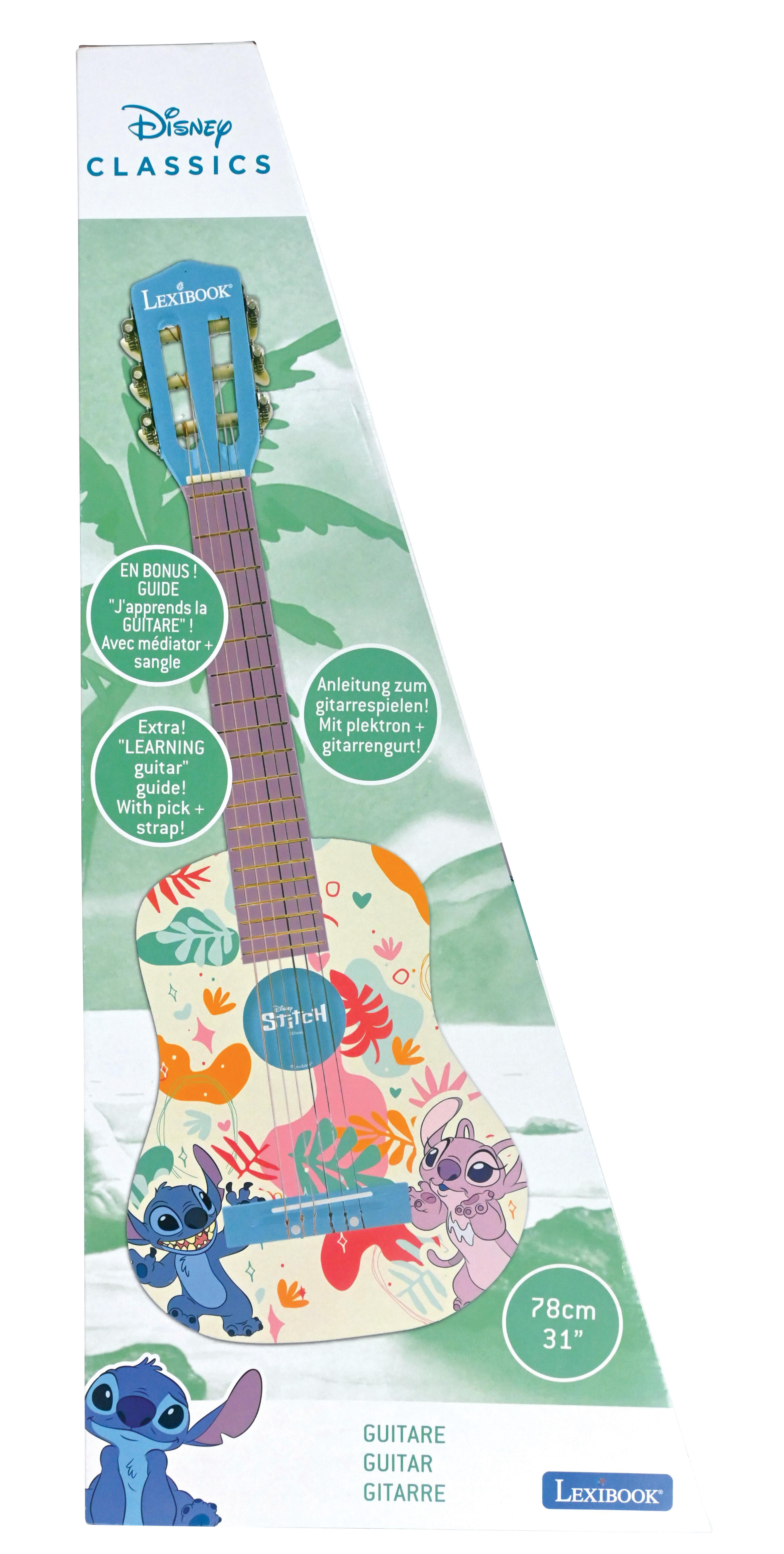 Lexibook Disney Stitch, My First Wooden Acoustic Guitar, 6 Nylon Strings, 78 cm (30"), Learning Guide, Pick and Strap Included