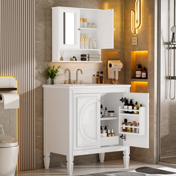 Euroco 30" Bathroom Vanity with Matching Mirror Medicine Cabinet – Modern Storage Cabinet & Ceramic Sink Combo
