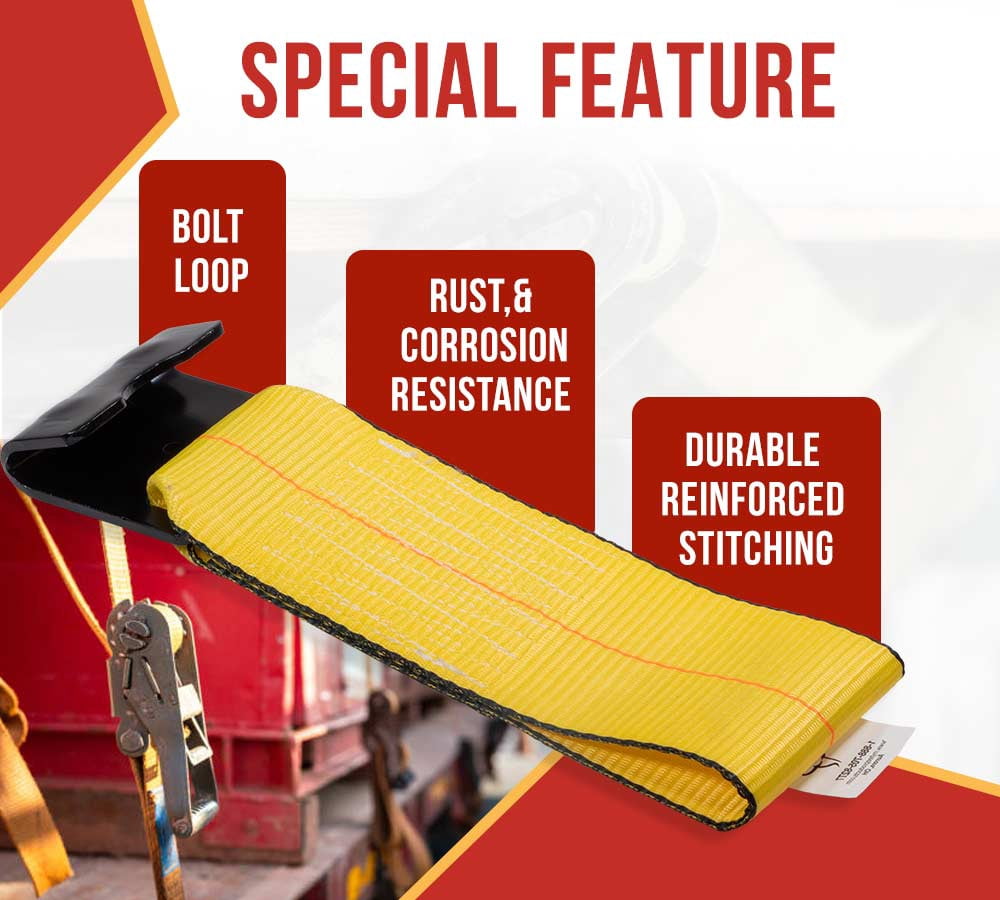 2 Paack 4Inch x 11Inch Fixed End Tie Down Strap with Flat Hook and Bolt Loop - Replacement Ratchet Straps 5,400 lbs Working Load Limit, Heavy Duty 4 Inch Ratchet Straps