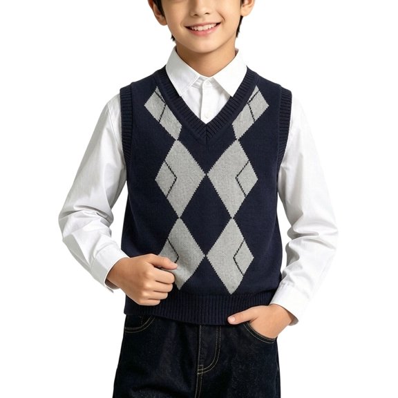Knit Sweater Vest for Boys Argyle Sleeveless V-Neck Cotton Pullover Thin Tops Kids Fall Trendy Casual Preppy Clothes Navy 14-15 Years