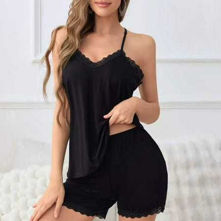 BSDJILFG Womens Lounge Sets Soft Cotton Two-Piece Summer Pajamas Lace V Neck Spaghetti Straps Tees Matching Boyshorts Pajama Tops and Pants Clearance