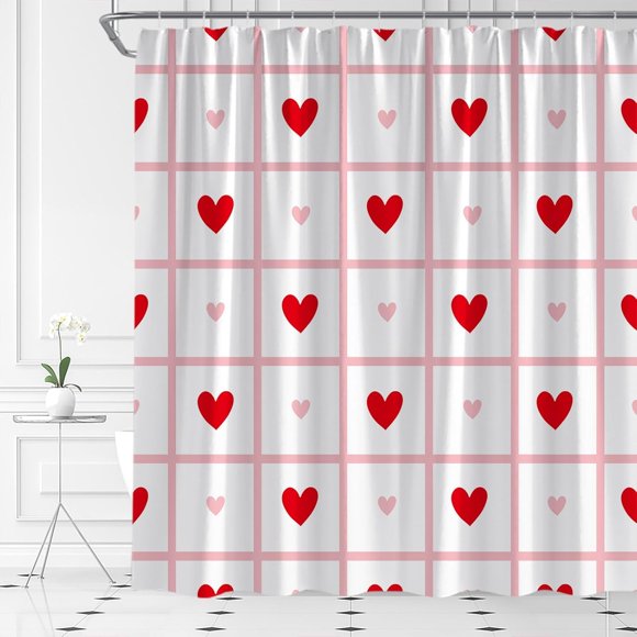 Rideau de Douche de la Saint-Valentin Mignon Cœur Rouge à Carreaux Rayures Romantique Fille d'Amour Tissu pour Déco de Salle de Bain Baignoire avec Crochets (70 Pouces L X 84 Pouces H)
