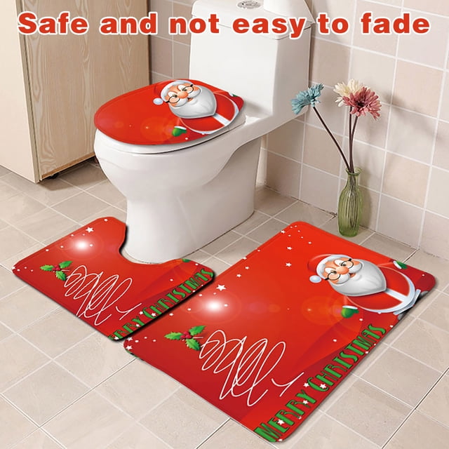 Christmas Bathroom Rug 3-Piece Set, Non-Slip Toilet Mat & Floor Mats, Absorbent Polyester Festive Decor for Indoor Outdoor Entrance