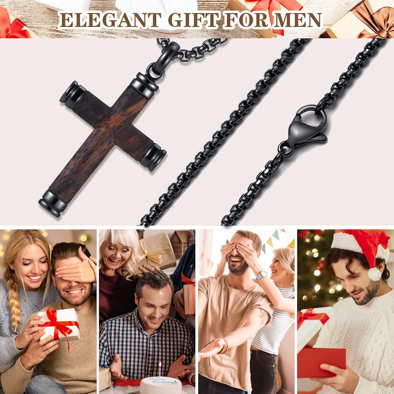 Wooden Cross Necklace for Men-Hawaiian Real Handmade Ebony Wood Cross Pendant Necklace Stainless Steel Chain, Mens Brown Cross Necklaces Koa Wood Jewelry Christian Baptism Crucifix Pendant for Men