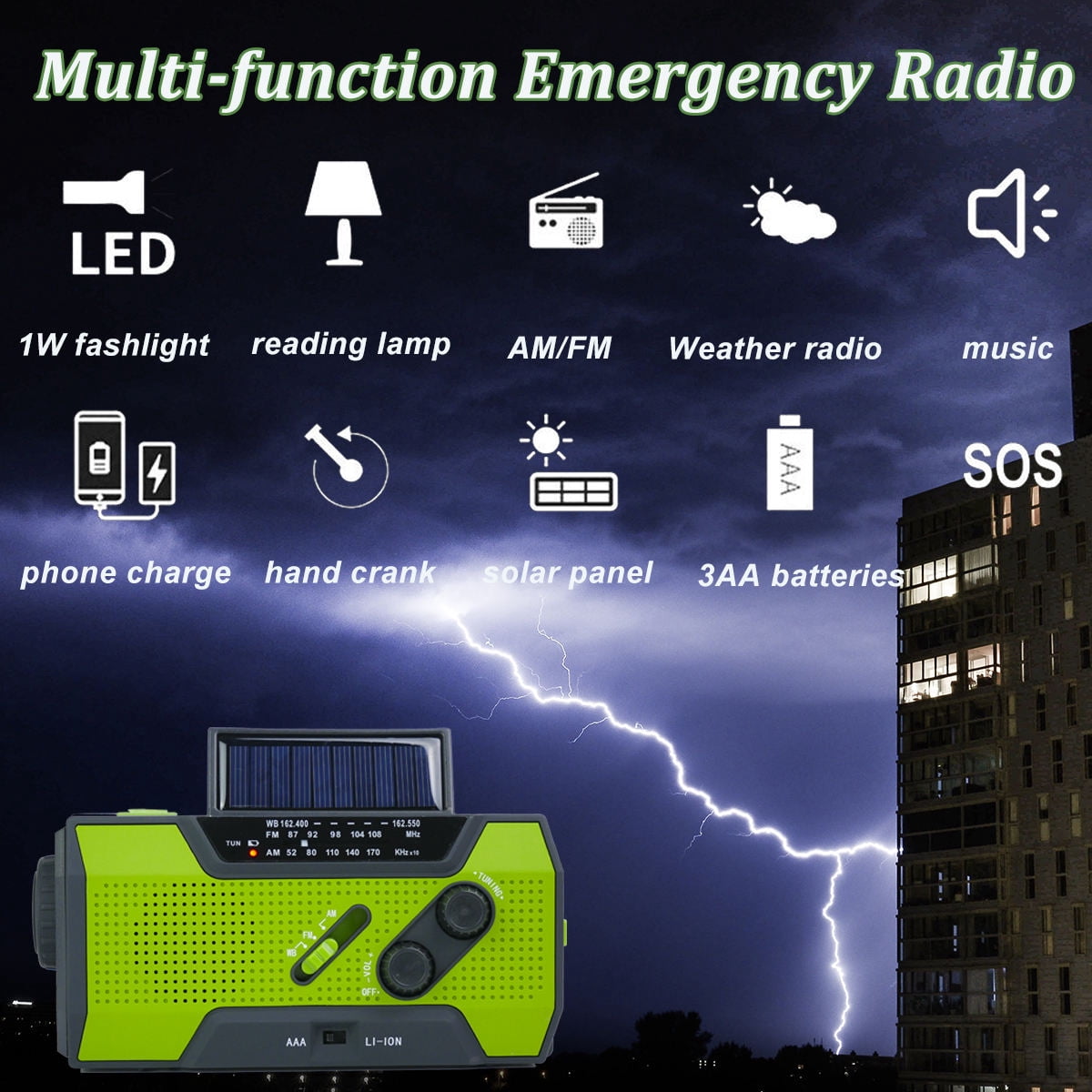 NOAA Emergency AM/FM/WB Radio with Flashlight, Reading Light, 4 Way Power Bank, SOS (BLUE)