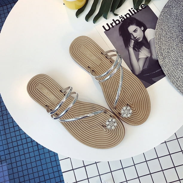 Nuevo conjunto de zapatillas de mujer con diseño de espiga de diamante de fondo plano estilo romano para mujer Wmkox8yii nm11011