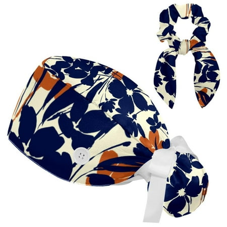 

Working Cap with Buttons and Sweatband Scrub Hat Bouffant Caps with Scrunchie Blue Flower Tie Back Hats