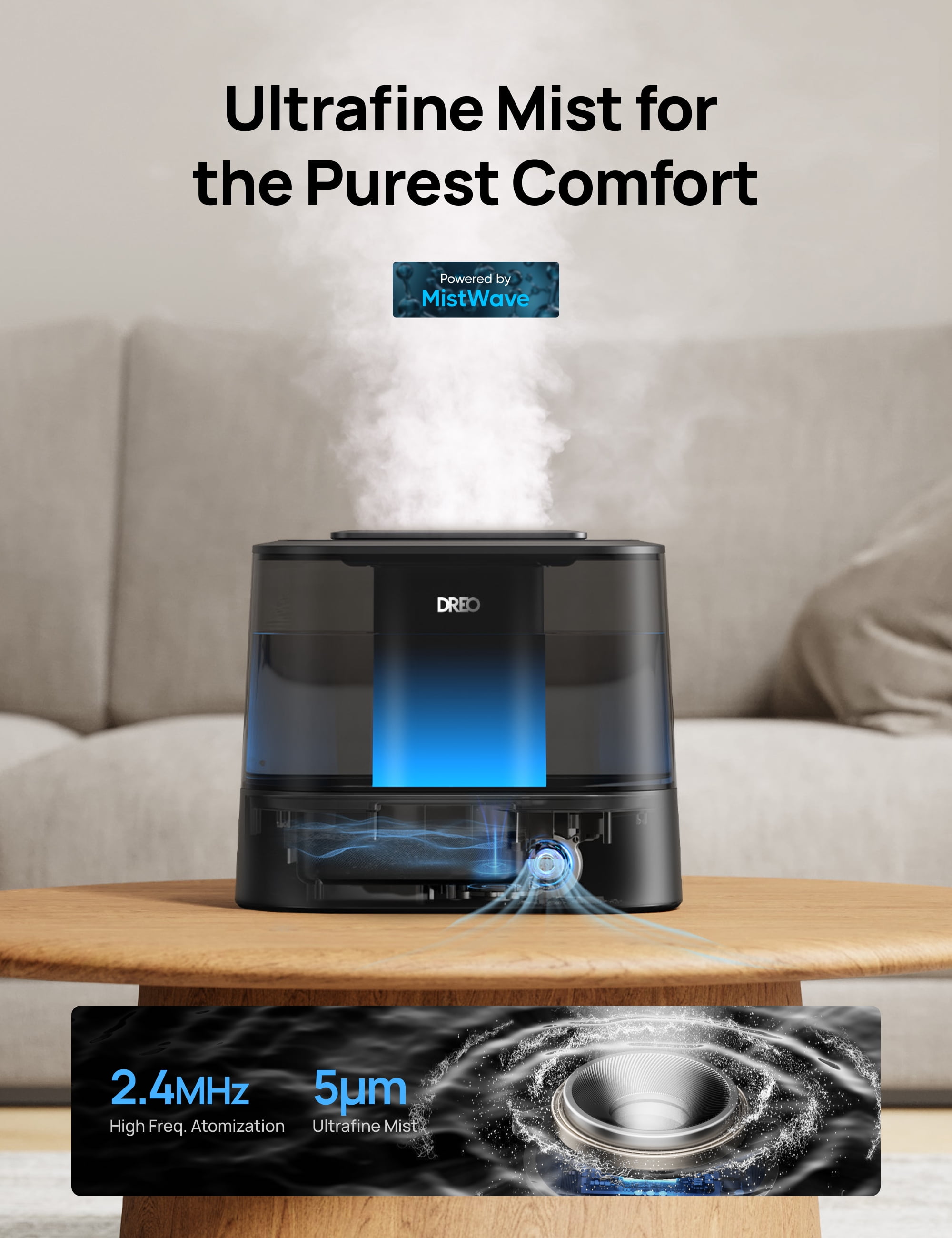 DREO 1.06 gal Cool Mist Humidifier with Night Light for Large Roorm 36H Runtime Top-Fill 28dB Quiet for Bedroom, Black