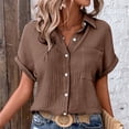 thumbnail image 2 of Yigetop Short Sleeve Button Up Women, Womens Short Sleeve Summer Shirts Batwing Sleeve Pocket Patched Shirt Collared Tops Dressy Casual V Neck Blouses Button Up Shirts Women Coffee S, 2 of 9