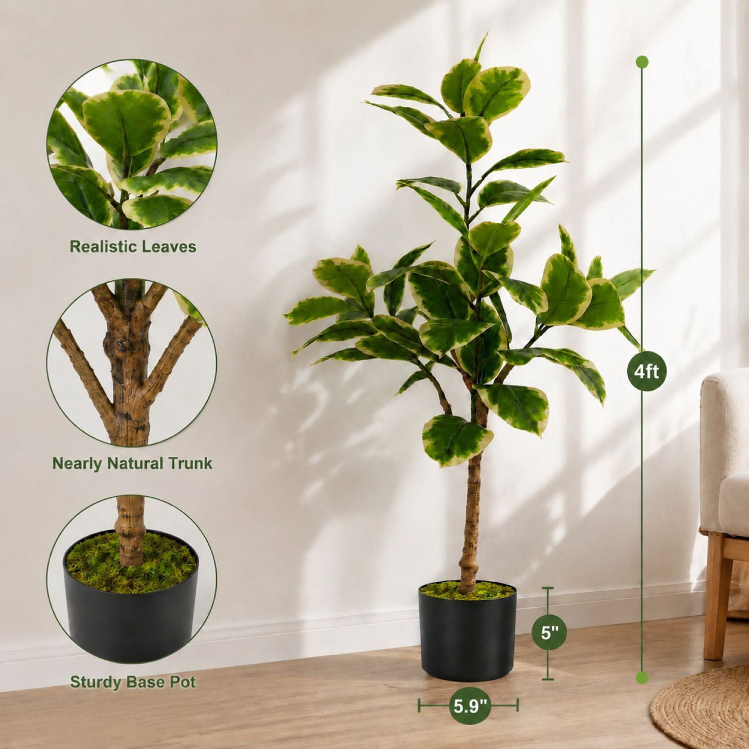 Easy4Home 4FT Artificial Variegated Rubber Plant Faux Ficus Elastica Tineke Tree Potted Indoor Floor Plant - Simple Assembly Needed