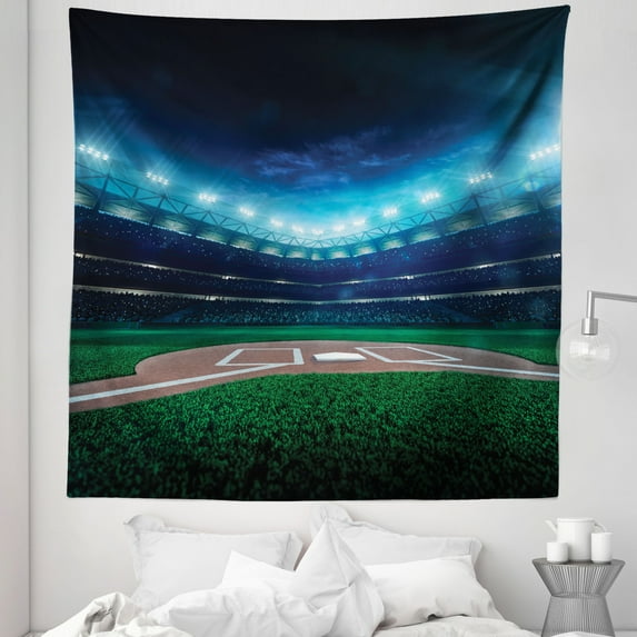 Sports Tapestry, Professional Baseball Field at Night Vibrant Playground Stadium League Theme Print, Fabric Wall Hanging Decor for Bedroom Living Room Dorm, 5 Sizes, Green Blue, by Ambesonne
