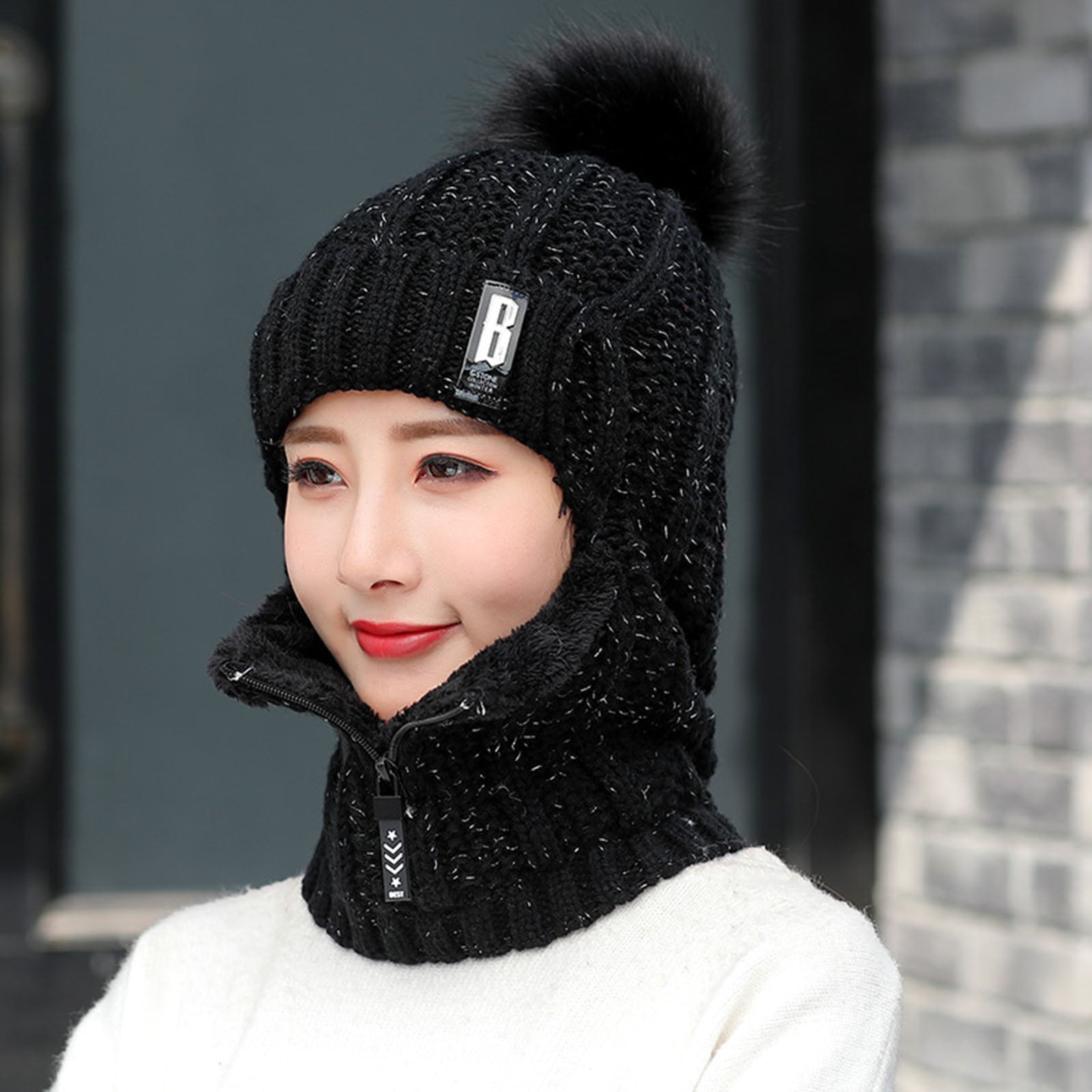 Dengjunhu Women Winter Beanie Hats One-Piece Fleece Lined Zipper Knit Mask Set Skull Neck Circle Scarf Ski Snow Hat Cap with Pompom