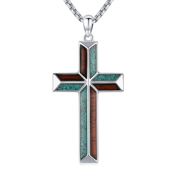 Cross Necklace for Men 925 Sterling Silver Wooden Turquoise Cross Necklace Christian Religious Protection Jewelry Gifts for Women