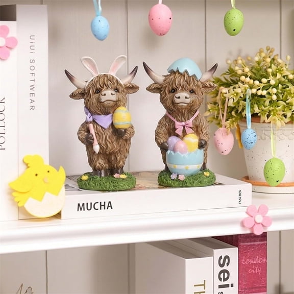 2Pcs Easter Highland Cow Figurines Bunny Ears Decor Resin Easter Statues with Eggs for Home Tabletop Tiered Tray Decor Spring Holiday Party Centerpieces