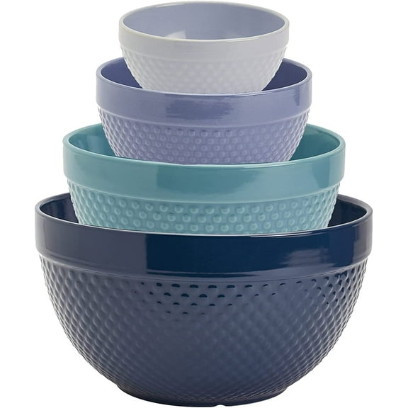 TTU Tabletops Gallery Hobnail Style 4 Piece Blue Storm Stoneware Nesting Mixing Bowl Set for Baking and Cooking