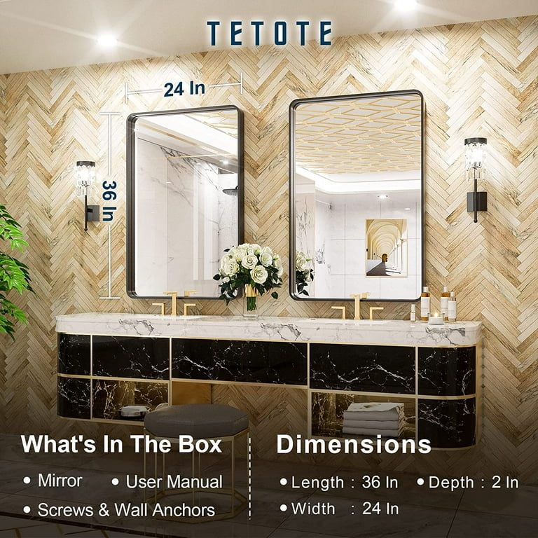  TETOTE 40x30 Inch Black Frame Mirror, Bathroom Vanity Mirror  for Wall, Modern Rectangle Round Corner Matte Framed Mirror  (Horizontal/Vertical) : Home & Kitchen
