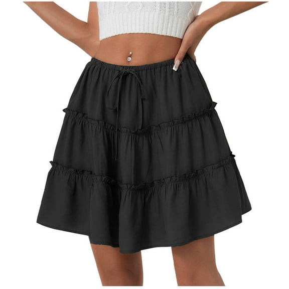 Nmnitkp Mini Skirts for Women,2026 New Model Women's Skirts,Women's Summer Boho Floral Print Mini Skirt High Waist Drawstring Tiered Skirts Black,S