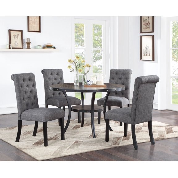 Classic Dining Room Furniture 5pc Set Round Dining Table 4x Side Chairs Charcoal Fabric Cushion Storage Shelve Dining Table