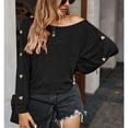 thumbnail image 3 of Camiseta de manga larga de color puro para mujer, blusa holgada informal con estilo y cuello redondo, blusa decorativa con botones para el trabajo diario, negro L, 3 of 6