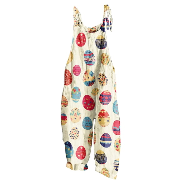 Cavosen Summer Rompers for Women Easter Oversized Jumpsuits Wide Leg Long Overalls with Pocket Decorated Eggs Summer Work Rompers