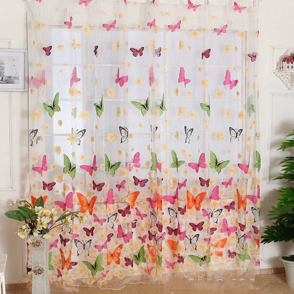 Washable Sheer Voile Curtain Butterfly Print Panel Window Drape Room Divider 