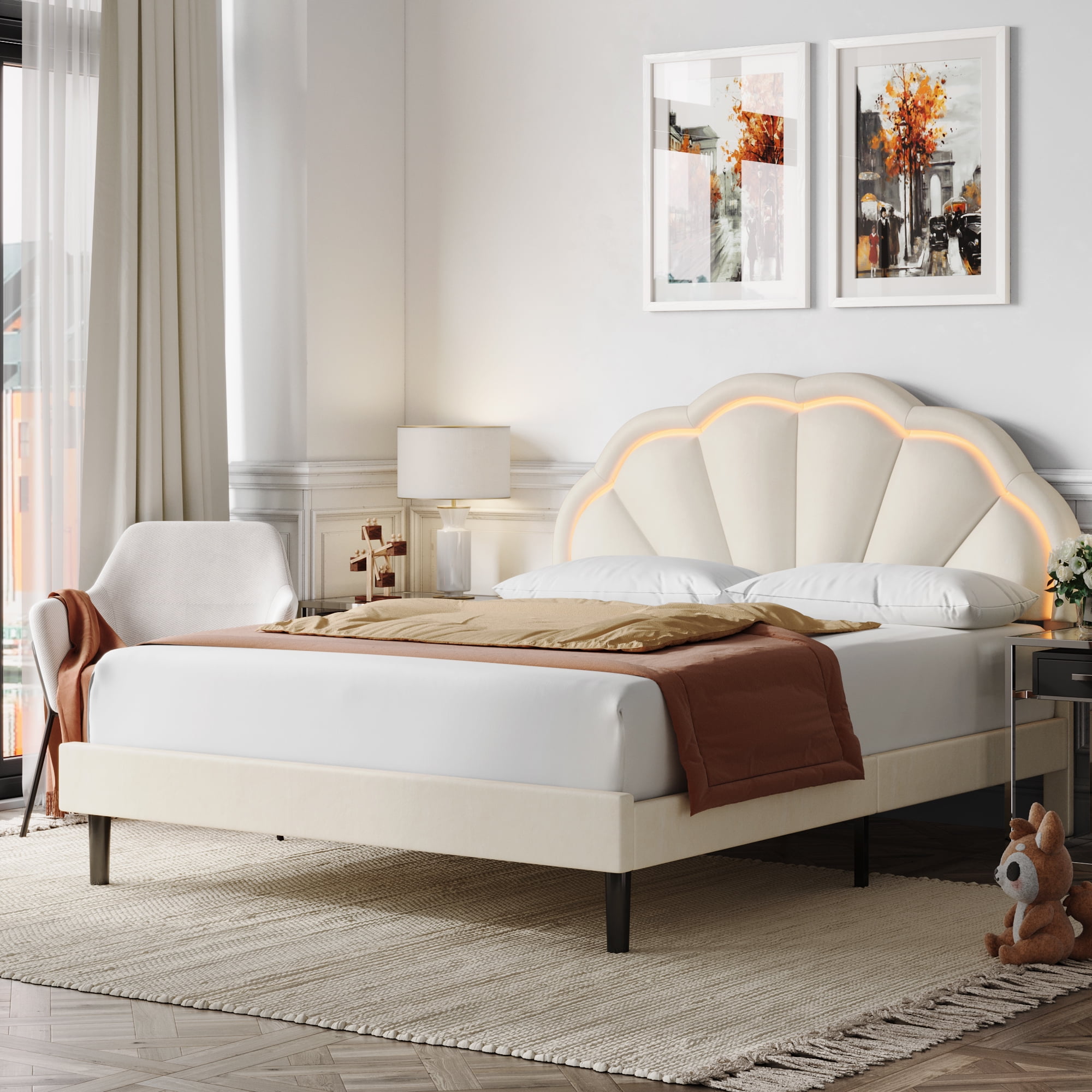 Homfa LED Bed Frame, Full Size Bed for Kids Girls, Velvet Upholstered ...