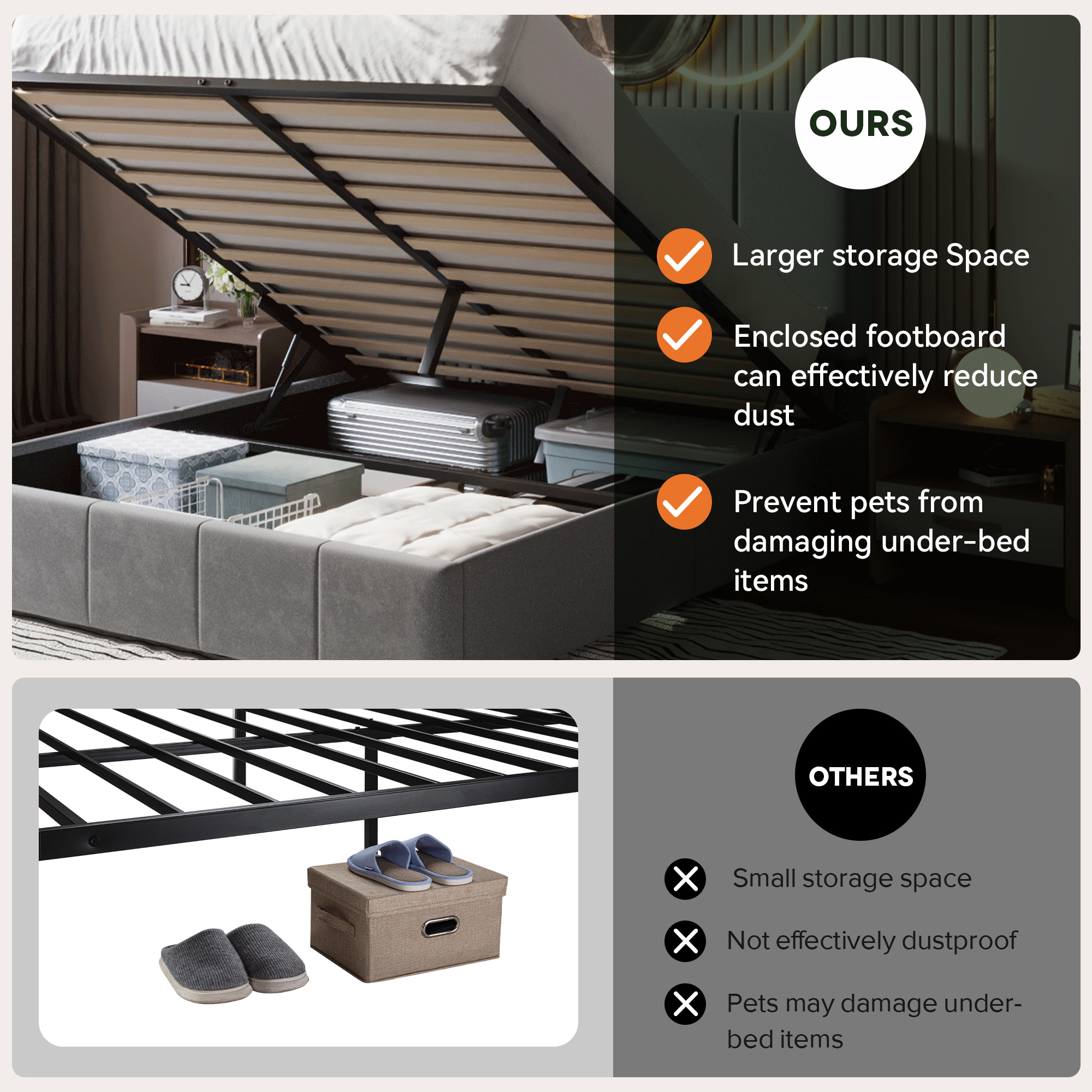 Einfach Queen Size Storage Bed Frame, Lift Up Velvet Platform Bed with Adjustable Upholstered Headboard, No Box Spring Needed, Gray