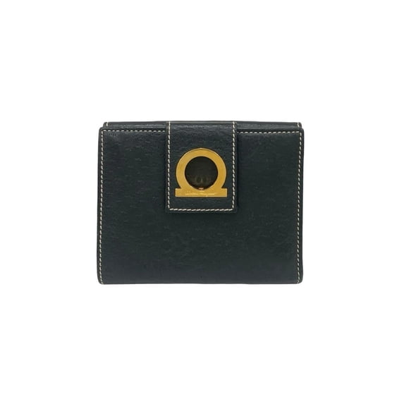Pre-Owned Salvatore Ferragamo Gancini Leather Bifold Wallet in Black 40515 (Good)