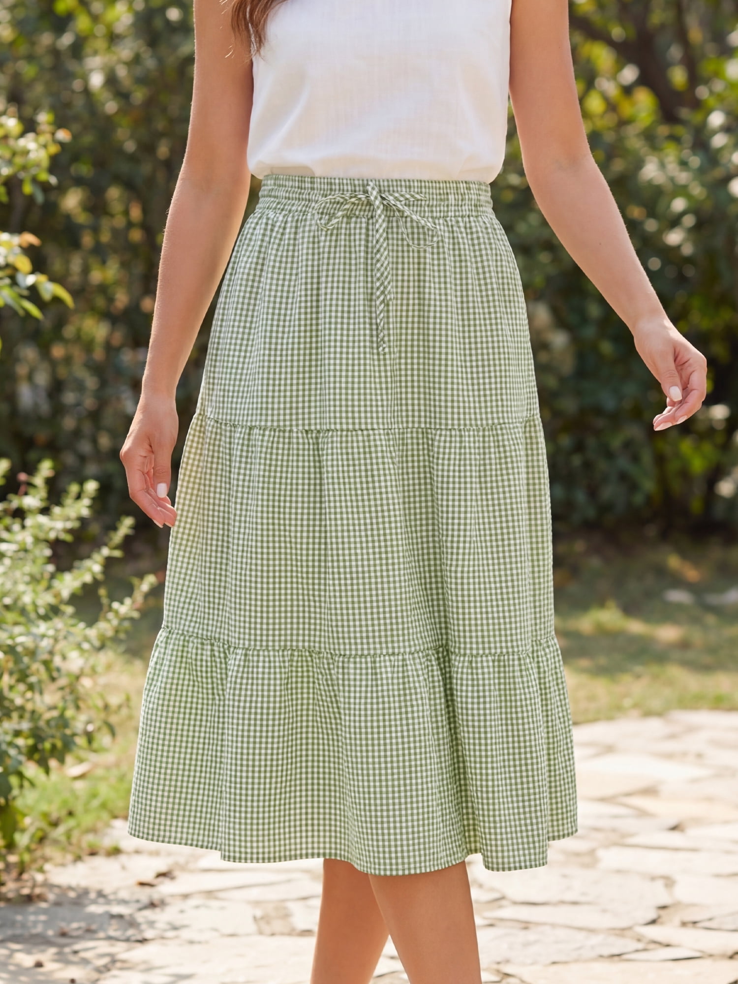 DARING DIVA Women's Gingham Drawstring Waist Tiered A-Line Midi Skirt M Yellow Green