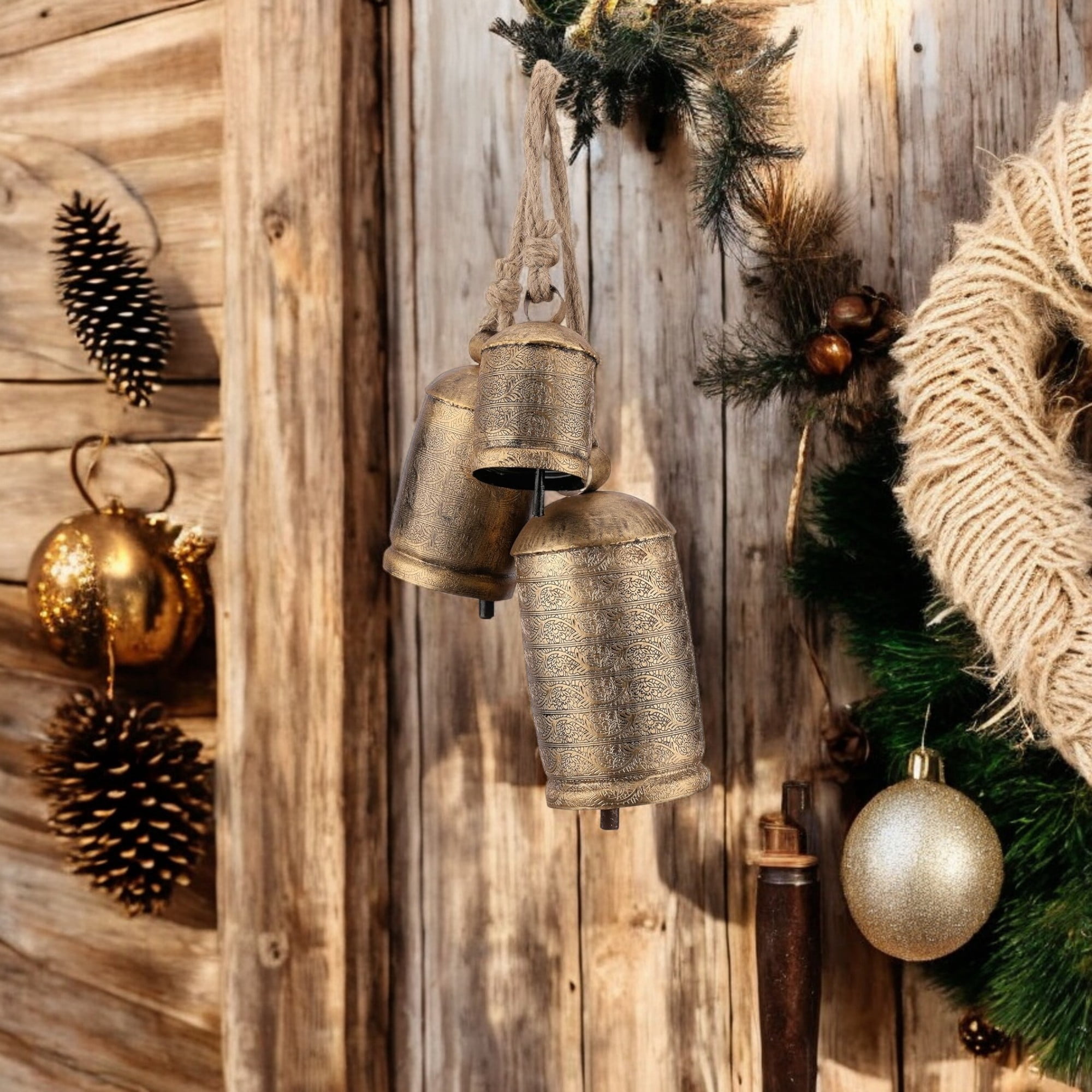 Vivanta Rustic Holiday Wind chimes – Christmas Decor with Krampus Bell Style – Gold Cow Bell Ornaments, 5.5", 7.5", 10", Set of 3