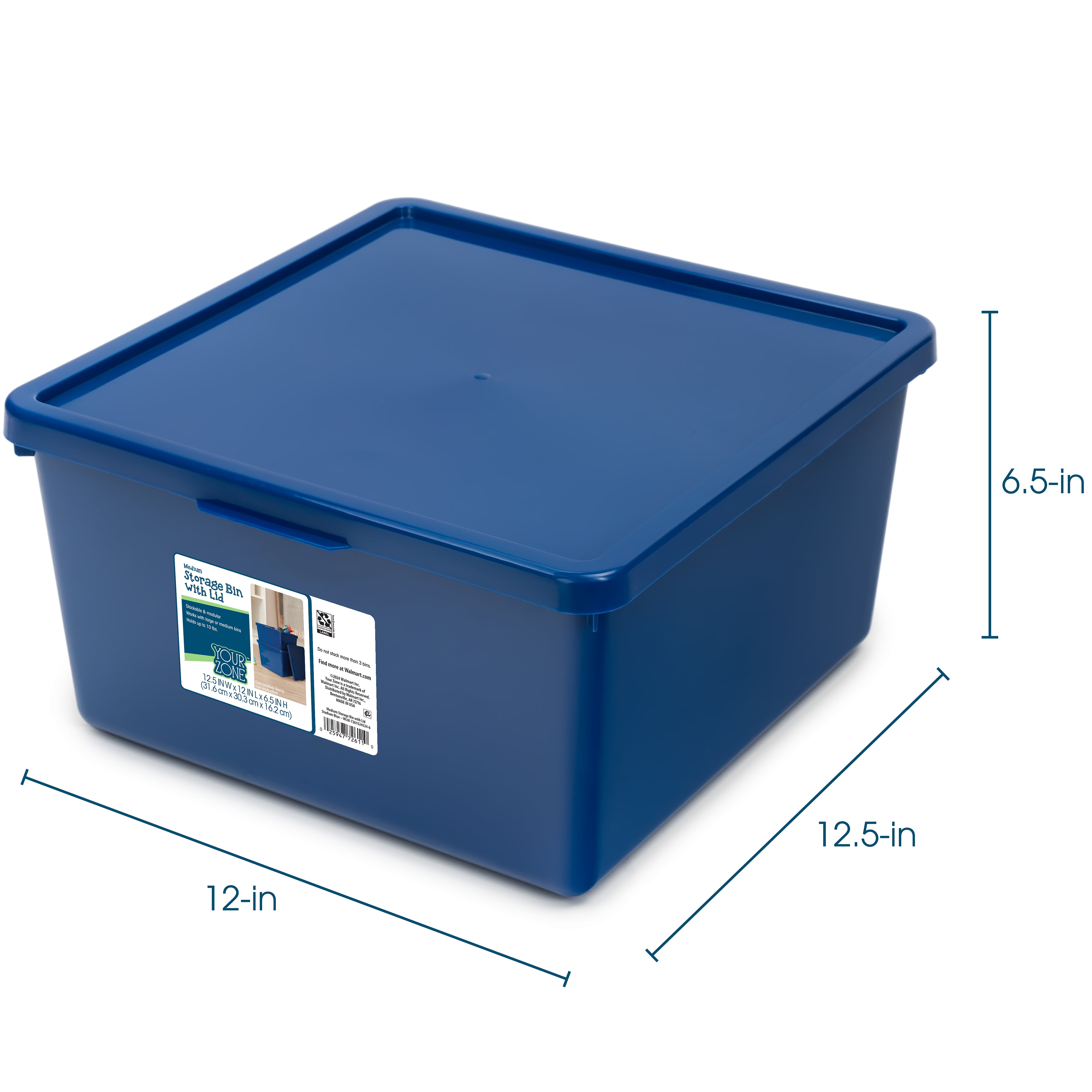 Your Zone Kids Medium Plastic Stacking Storage Bin with Lid, Blue, 12 in x 12.4 in x 6.3 in