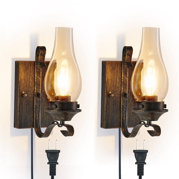 Plug-in Farmhouse Wall Sconces Set of 2 – Rustic Industrial Wall Lights with Clear Glass Shades, Black and Gold Wall Lamps for Bedroom, Living Room, Hallway, Indoor Lighting (Bulbs Not Included)