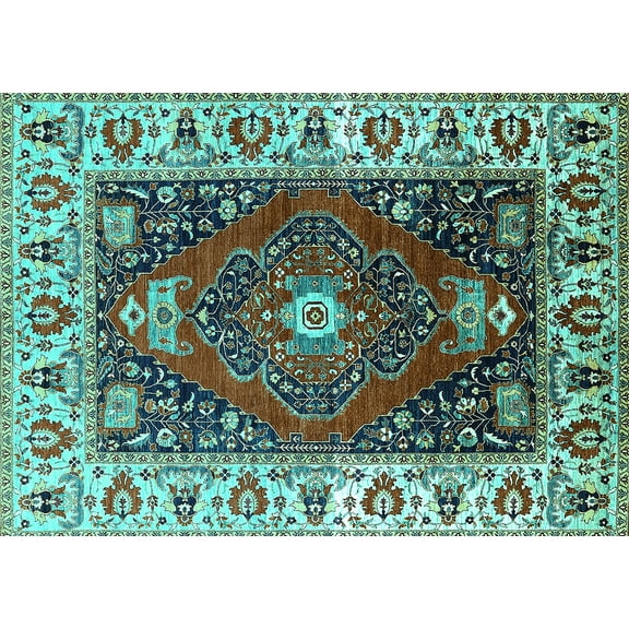 Ahgly Company Machine Washable Indoor Rectangle Persian Turquoise Blue Traditional Area Rugs, 5' x 7'