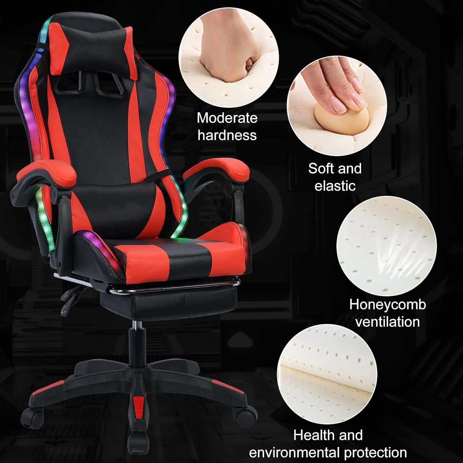 Gaming Chair with Bluetooth Speakers and Led Lights, Massage Gamer Chair with Footrest High Back and Lumbar Support, Ergonomic Height Adjustable Video Game Chairs Recliner for Adults (Black Red)