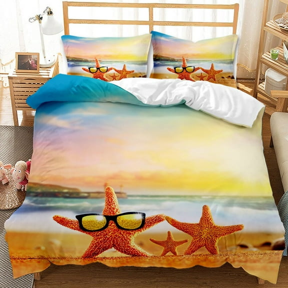 Beach StarDuvet Cover Set King/ Size Cute Ocean Creatures Bedding Set Hawaii Sea Theme Kids Bedroom Decor Quilt Cover
