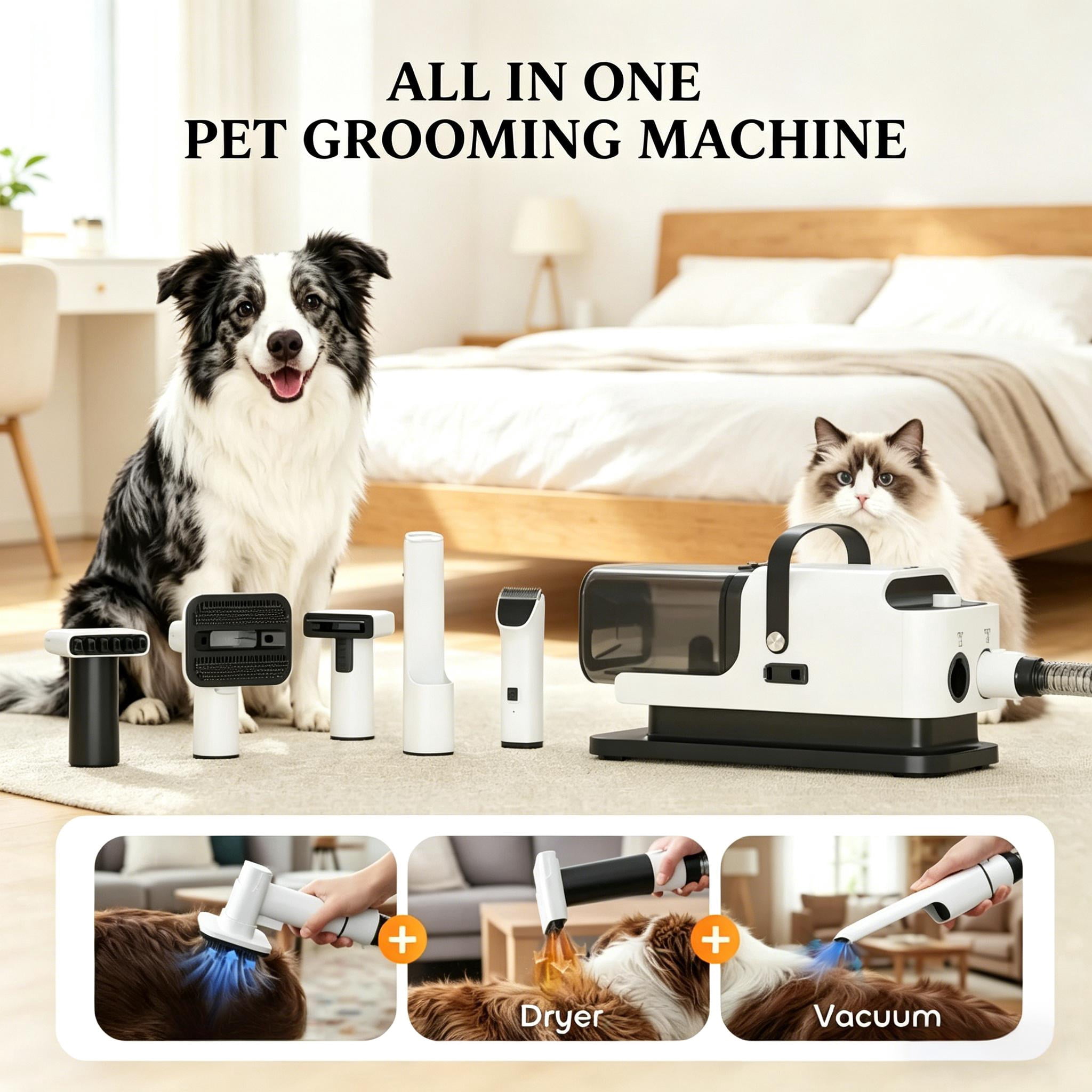 5-in-1 Pet Grooming Vacuum & Dryer, Home Dog Grooming Unit with Smart 45-55℃ Temp Control, 4 Adjustable Modes Quiet 50dB, Auto Mode Switch & Integrated Storage