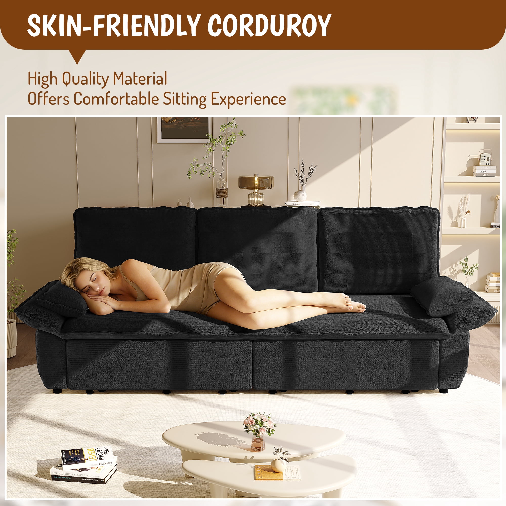 Leumius 94.5" Pull Out Sofa, King Size 3-in-1 Convertible Sleeper Sofa Bed, Multi-Functional Corduroy Bed for Living Room Bedroom Black