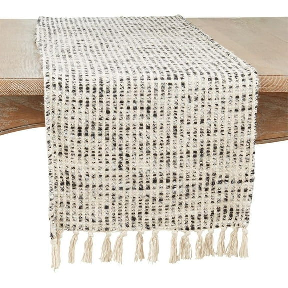 Fennco Styles Woven Textured Fringe Table Runner 16" W X 72" L - Grey Rayon Cotton Table Cover for Home Décor, Dining Table, Banquets, Family Gatherings and Special Events
