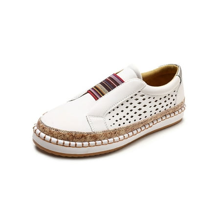 

Sanviglor Ladies Casual Shoes Stitching Flats Hollow Out Slip On Sneakers Sport Lightweight Breathable Loafers Non-Slip Comfort Skate Shoe White 5.5