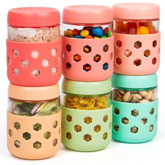 6-Pack 16 oz Overnight Oats Containers with Lids and Silicone Sleeves, Glass Mason Jars with Airtight Lid, Dishwasher Safe, Wide Mouth Chia Seed Pudding Meal Prep Jar for Yogurt Berries Snack