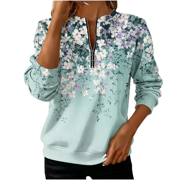 Womens Sweatshirts Casual Half Zip Pullover Tops Fashion Retro Floral Printing Long Sleeve Blouses Loose Crewneck Hoodless Sweatshirt Fall Outfits Outwears Winter Clothing