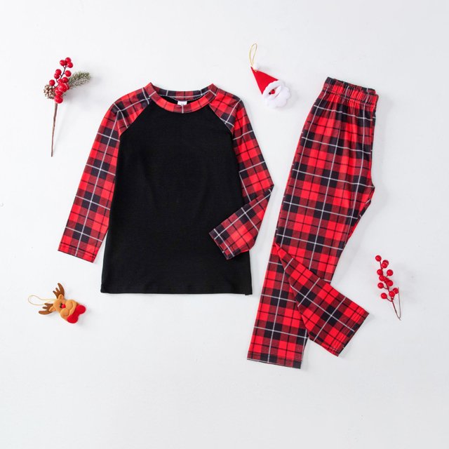 EQWLJWE Pyjamas de Noël pour la Famille à Carreaux Noirs et Rouges pour Enfant, Col Rond Amusant, Manches Raglan, Ensemble de Pyjama à Imprimé à Carreaux, Tenues de Nuit à Manches Longues pour la Famille des Fêtes, Tenue d'Intérieur, Ensemble Deux Pièces pour Enfant