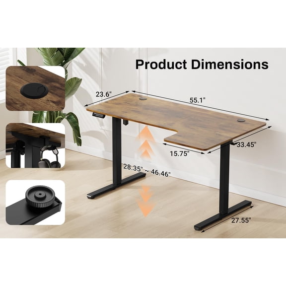 Electric Standing Desk L Shaped 55x33.5 Inch Height Adjustable Sit Stand Computer Desk with Memory Preset Vintage Brown
