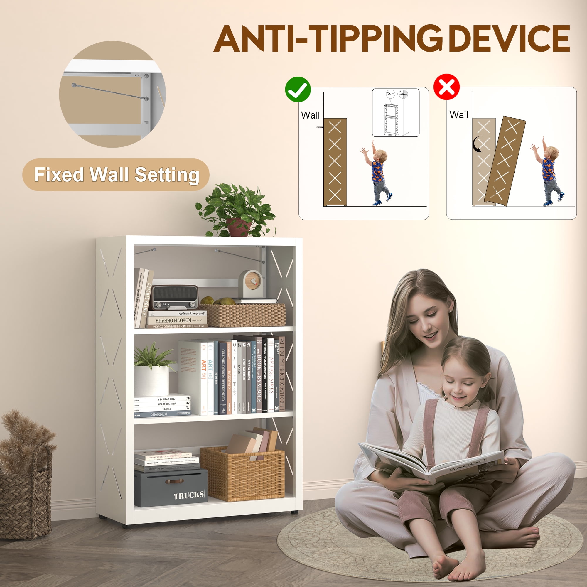 Polup Industrial Bookcase 3-Tier Metal Adjustable Freestanding Storage Rack with Bookends White 1-Pack