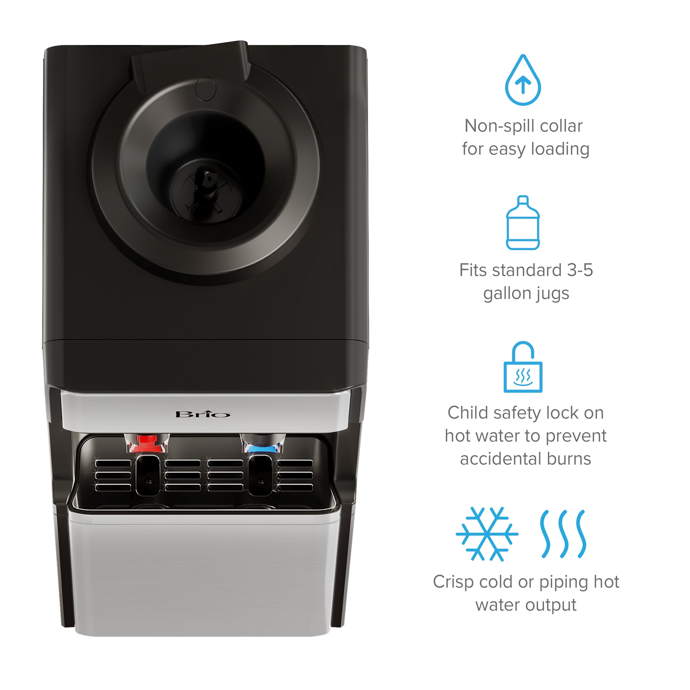 Brio 300 Series Slimline Top-Load Water Dispenser for 3 & 5 Gallon Bottles, Paddle Dispensing, Hot & Cold, LED Indicator Lights, Stainless Steel