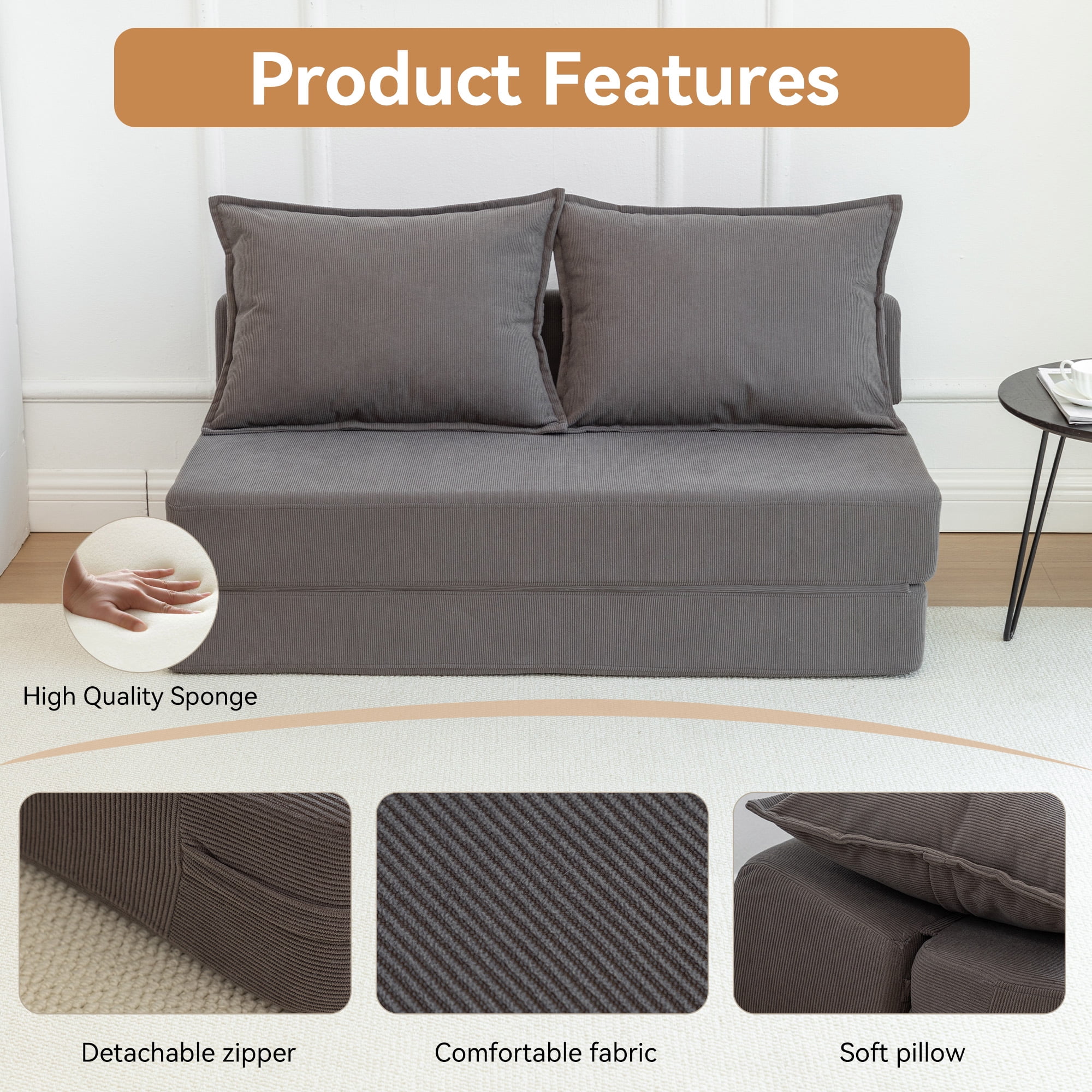 Aukfa Twin Folding Sofa Bed Sleeper Chair with Pillows, Corduroy Convertible Floor Couch Mattress for Living Room, Dorm, Guest Room, Gray