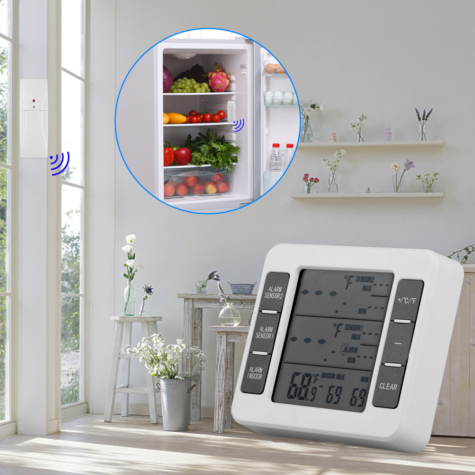 Fridge Thermometer, Digital Freezer Thermometer With Indoor Temperature  Monitor And 2 Wireless Senso