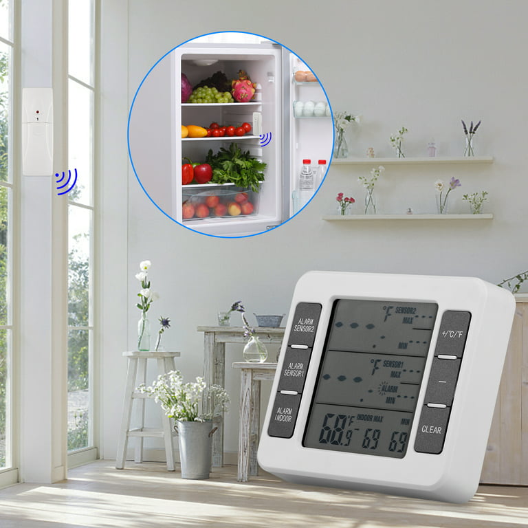ORIA Refrigerator Thermometer, Wireless Digital Freezer Thermometer with 2  Wireless Sensors, Wireless Indoor Outdoor Thermometer, Audible Alarm, Min
