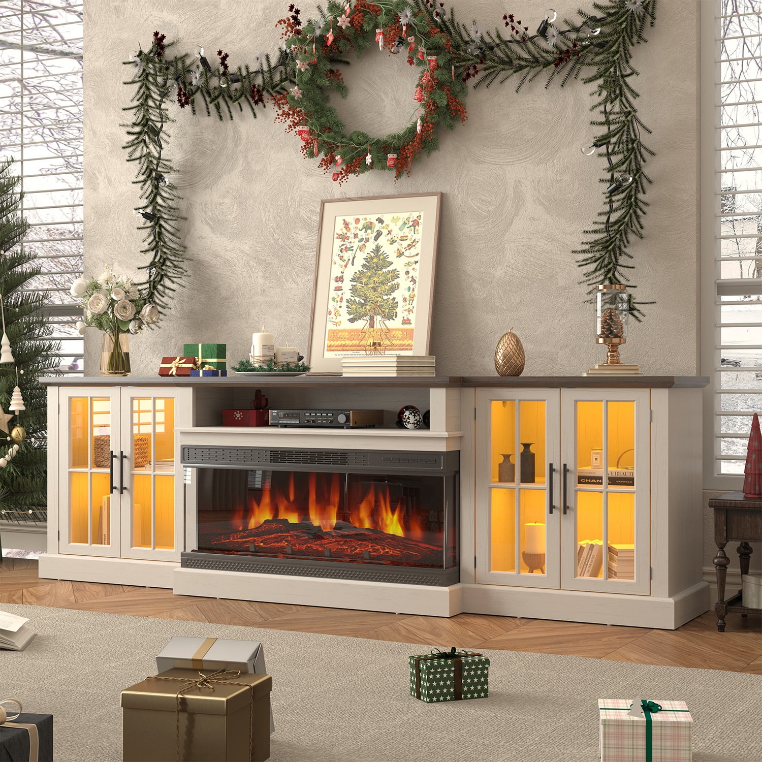 Sonegra 87" Farmhouse TV Stand with Fireplace for TVs up to 90", Media Entertainment Center with Adjustable Shelves and Large Storage Cabinets, for Living Room, White